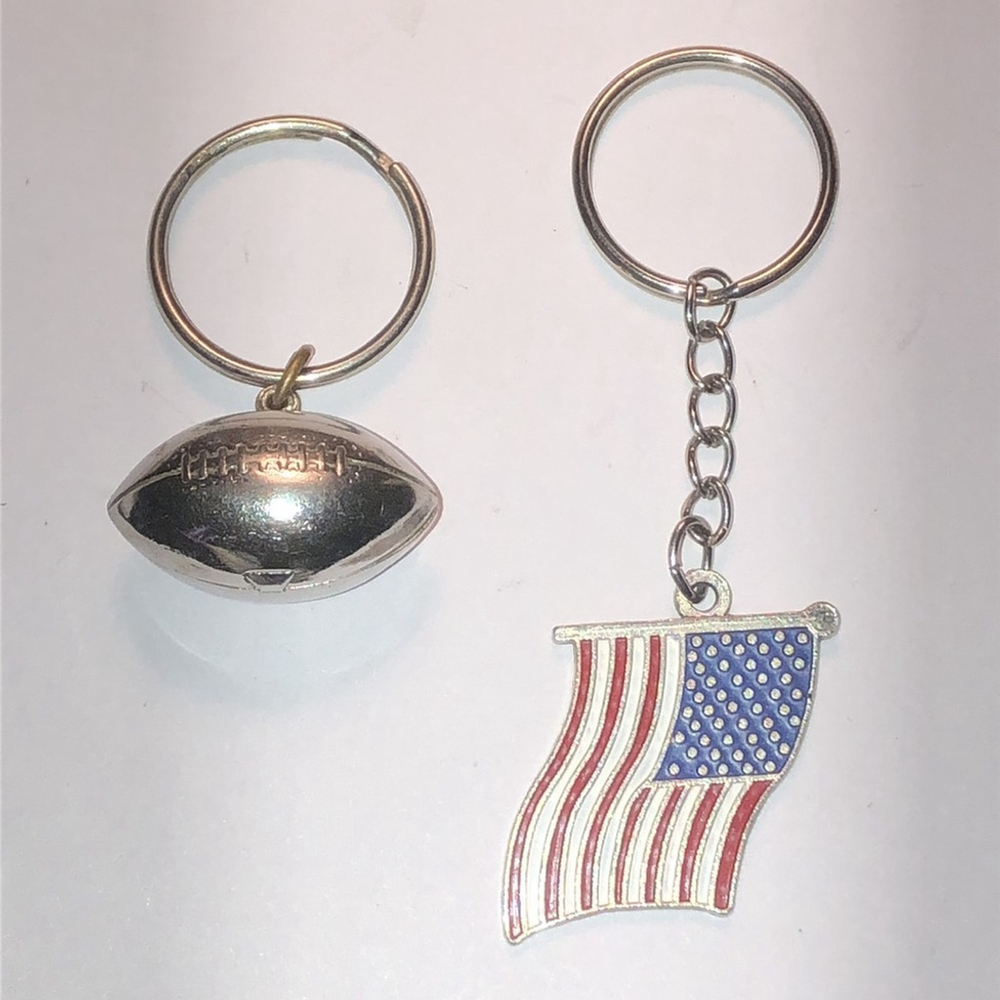 2 Silver Tone Keychains Hollow Football American Flag Key Holders